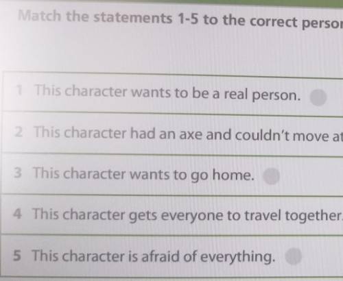 Match the statements 1-5 to the correct person by ticking the right box. CHECK Tin ManScarecrow Doro