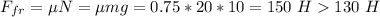 F_{fr} = \mu N = \mu mg = 0.75*20*10 = 150~H 130~H