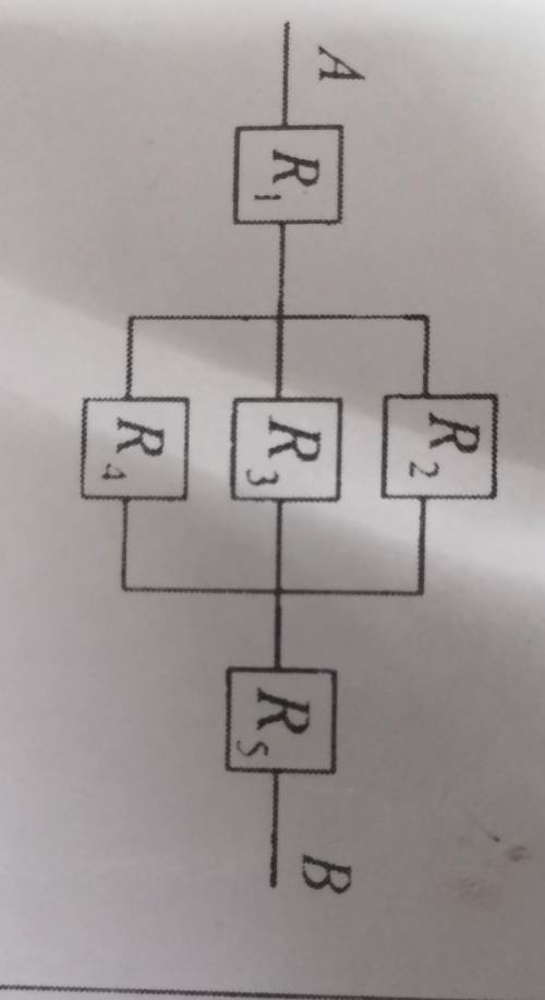 R1=4 ом, R2=5 ом, R3=10 oм, R4=30 ом, R5=3 ом, напряжение на соединение 50 В, R=?, I=? ​