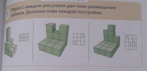 Рядом с каждым рисунком дан план размещения кубиков. Дополни план каждой постройки.МАТЕМАТИКА В ЖИЗН