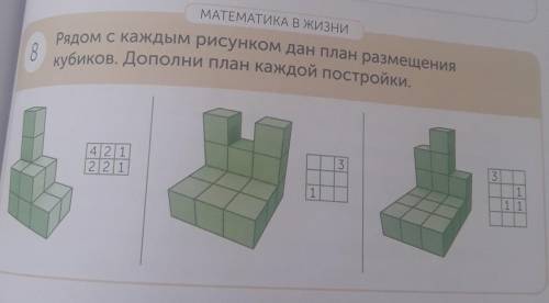 МАТЕМАТИКА В ЖИЗНИ 8Рядом с каждым рисунком дан план размещениякубиков. Дополни план каждой постройк