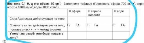 Вес тела 0,1H, а его объём 10 см³ Заполните таблицу (плотность Эфира 700кг/м³ Серной кислоты 1800кг/