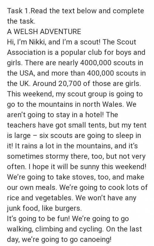 Mark the sentences True or False. 1. There are 400 000 British scouts2. The weather is usually sunny