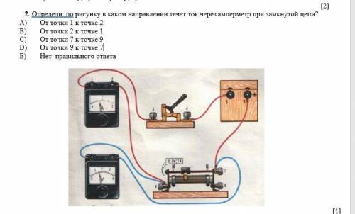 2. Определи по рисунку в каком направлении течет ток через амперметр при замкнутой цепи? A) От точки