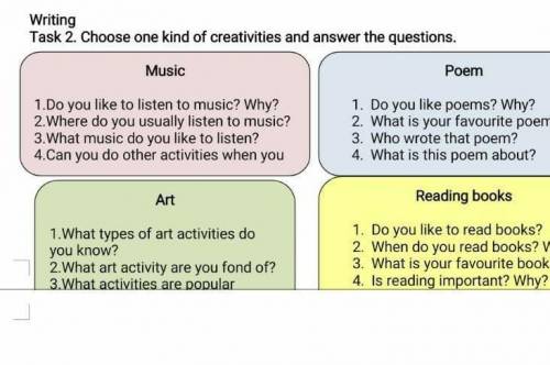 Writing Task 2. Choose one kind of creativities and answer the questions. Music 1. Do you like to li