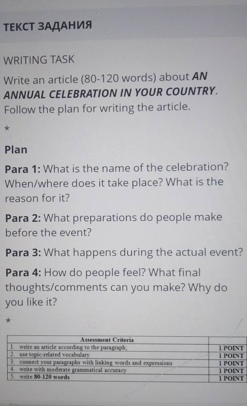 WRITING TASK Write an article (80-120 words) about ANANNUAL CELEBRATION IN YOUR COUNTRY.Follow the p