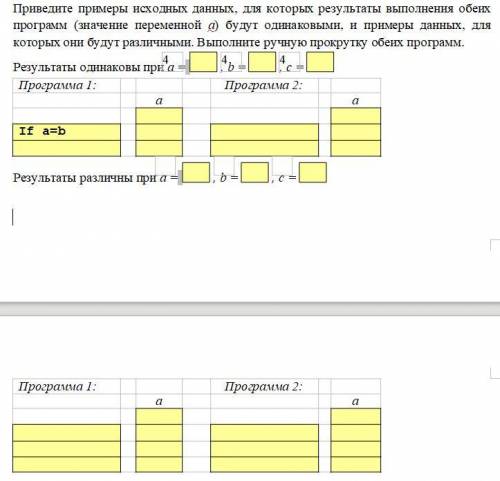 Приведите примеры исходных данных, для которых результаты выполнения обеих программ (значение переме