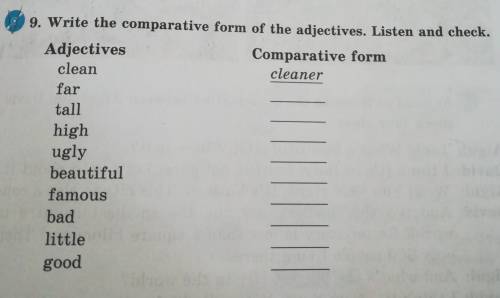 9. Write the comparative form of the adjectives. Listen and check. AdjectivesComparative formcleancl