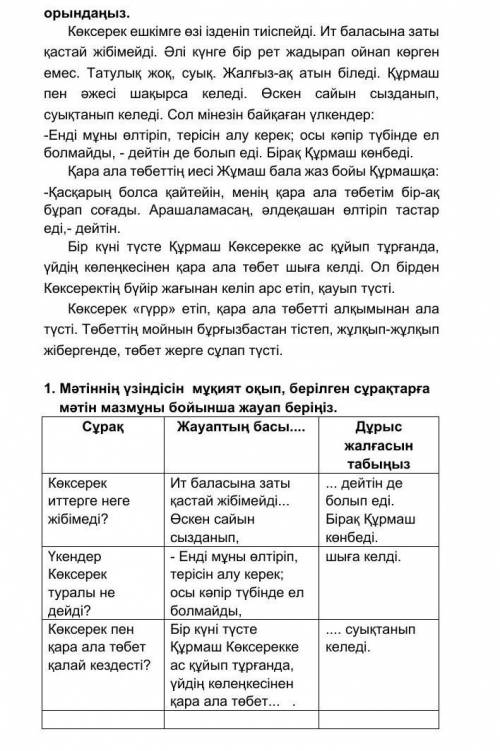 1. Мәтіннің үзіндісін мұқият оқып, берілген сұрақтарға мәтін мазмұны бойынша жауап беріңіз. Сұрақ Жа