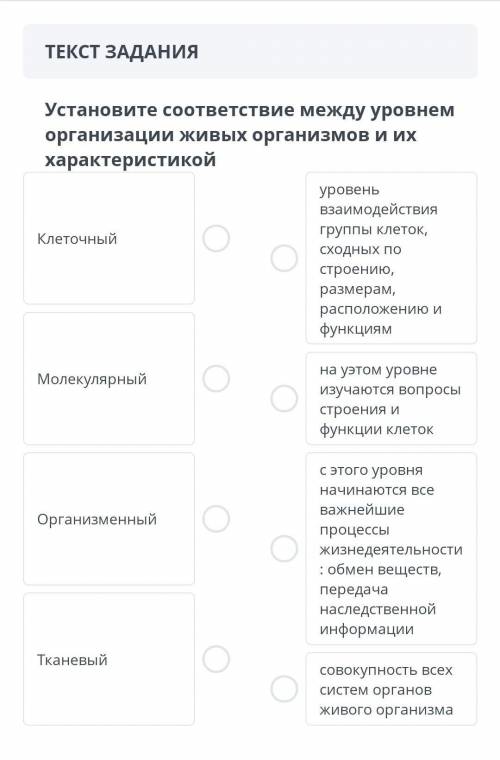 Установите соответствие между уровнем организации живых организмов и их характеристикой за не правил