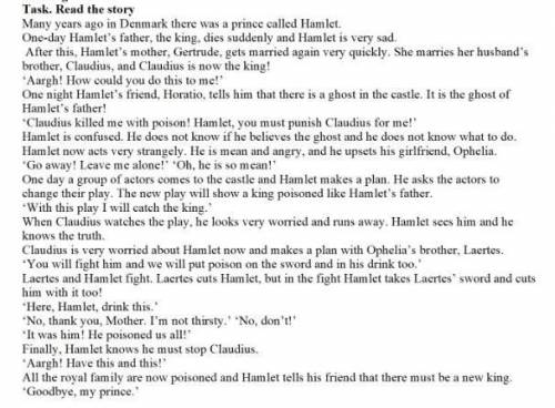 Task 1. Put the sentences in order. Hamlet asks some actors to perform a play showing a king poisone