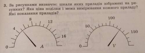 3. За рисунками визначте: шкали яких приладів зображені на ри- сунках? Яка ціна поділки і межа вимір