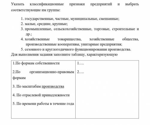 Указать классификационные признаки предприятий и выбрать соответствующие им группы:​