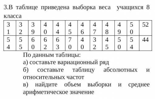 3.В таблице приведена выборка веса  учащихся 8 класса 3132394044454647484950525455606263704032455054