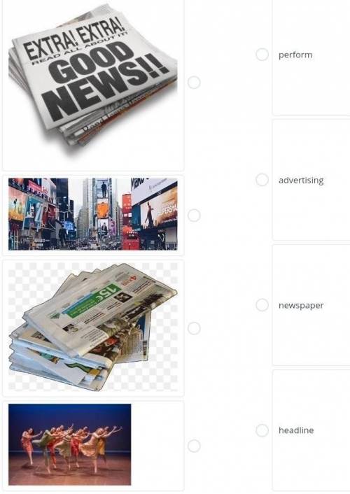 Task 2. Match the pictures with wordsperformadvertisingnewspaperheadline​