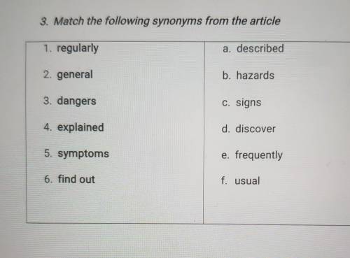 3. Match the following synonyms from the article 1. regularlya. described2. generalb. hazards3. dang