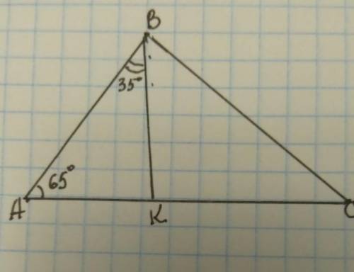 К - бісектриса кута В трикутника АВС, ∠А=65°, ∠АВК=35°.Знайти ∠АВК