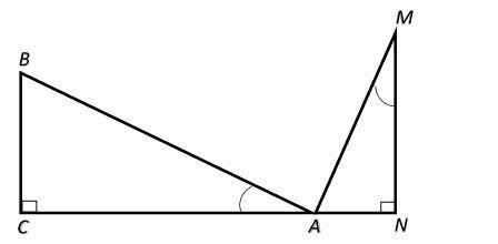 На рисунке изображены два треугольника Δ A B C и Δ M A N , причем угол ∠ B A C = ∠ A M N , ∠ C = ∠ N