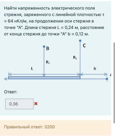 Найти напряженность электрического поля стержня, заряженного с линейной плотностью т = 64 нКл / м ,