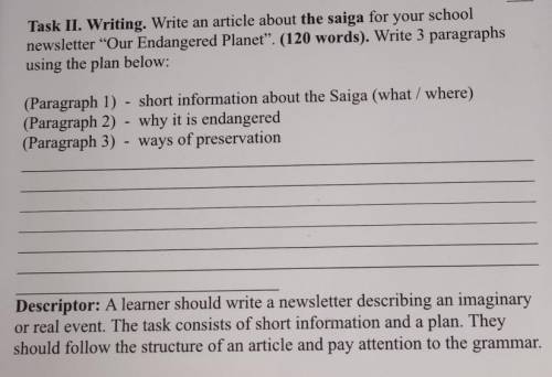 Task II. Writing. Write an article about the saiga for your school newsletter “Our Endangered Planet