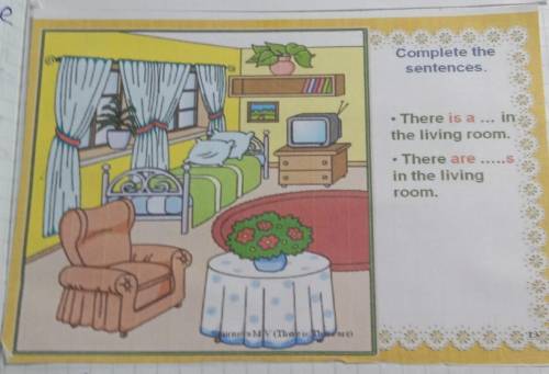 Опишите комнату по картинке, используя предлоги места (prepositions of place) и выражение there is/a