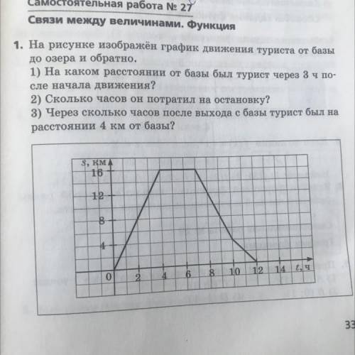 Ра- 1. На рисунке изображён график движения туриста от базы до озера и обратно. 1) На каком расстоян