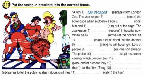 Put the verbs in brackets into the correct tense. A lion 1) has escaped Zoo. The zoo-keeper 2) (esc