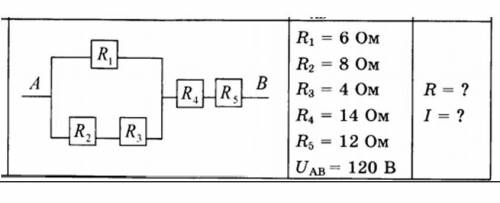 R1=6 Ом R2=8 Ом R3=4 Ом R4=14 Ом R5=12 Ом Uab=120B R=? I=?