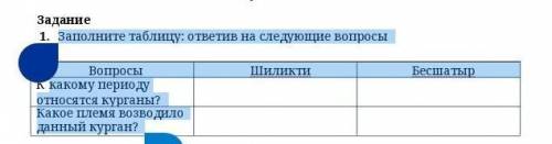 1. Заполните таблицу: ответив на следующие вопросы ВопросыШиликтиБесшатыр К какому периоду относятся