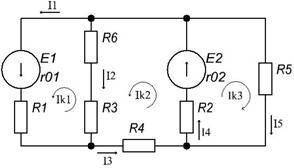 Дано: E1=20 В, E2=30 В, R1=64 Ом, R2=43 Ом, R3=31 Ом, R4=25 Ом, R5=52 Ом, R6=14 Ом, r01=1 Ом, r02=2