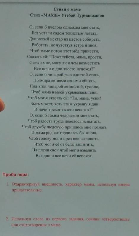 Проба пера: 1. Охарактеризуй внешность, характер мамы, используя именаприлагательные.2. Используя сл