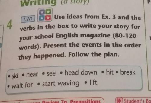 Use ideas from Ex. 3 and the verbs in the box to write your story foryour school English magazine (8
