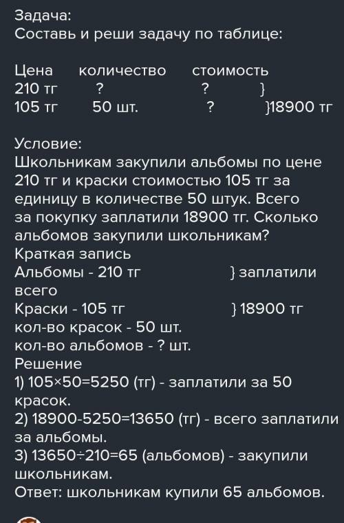 Составь задачу по таблице 270 тенге 105 тенге 6 штук количество? Стоимость 900 тенге​