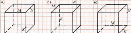 453. Перенеси рисунок куба в тетрадь и постройте его сечение плоскостью, проходящей через точки M, N