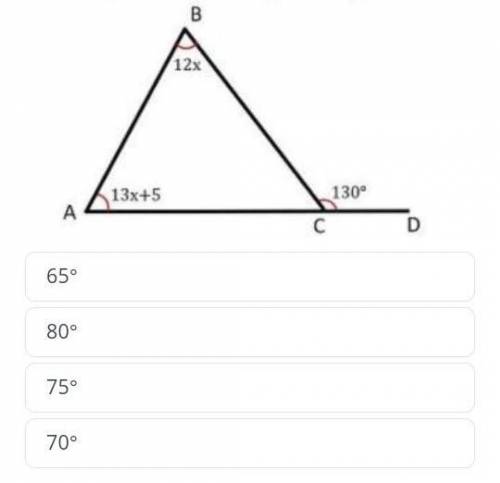 ТЕКСТ ЗАДАЧИ Найдите ∠A, используя теорему о внутреннем угле треугольника:65 °80 °75 °70 °help me gu