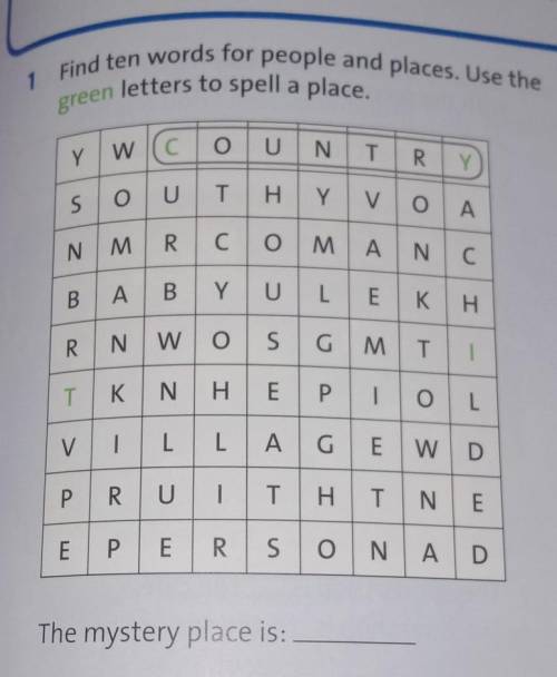 1 Find ten words for people and places. Use the letters to spell a place.greenWCO UNTYRYTHOUYVSΟΙΑR.