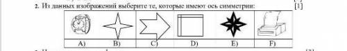 2. Из данных изображений выберите те, которые имеют ось симметрии: [1]А)B)C)D)E)F)​