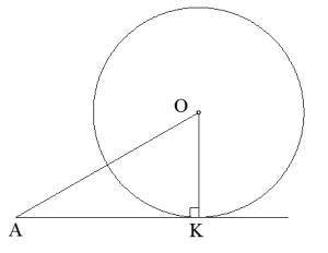 Вычисли радиус окружности, если отрезок касательной AK=183–√см и ∢OAK=30°. OK= см.