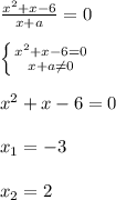 \frac{x^{2}+x-6 }{x+a}=0\\\\ \left \{ {{x^{2}+x-6=0 } \atop {x+a\neq0 }} \right. \\\\x^{2} +x-6=0\\\\x_{1}=-3\\\\x_{2}=2