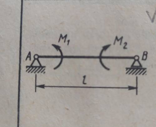 На балку длина которой l=3 действуют пары сил с моментами M1=2 кн×м и М2=8 кн×м. Определить кн модул