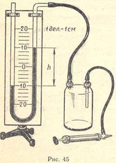 Определите давление газа в сосуде (рис. 45), если наружное давление воздуха 750 мм рт. ст., а маноме
