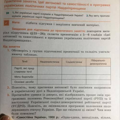 Скласти табличку до практичного заняття: ідеї автономії та самостійності в програмах українських пол