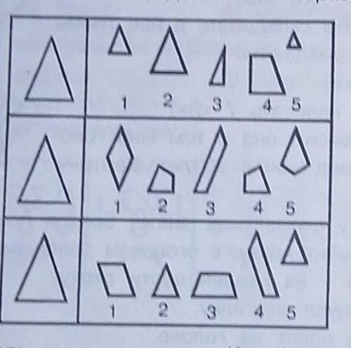 Из фигур справа выбери и раскрась такие три,из которых можно составить треугольник, данный на образц