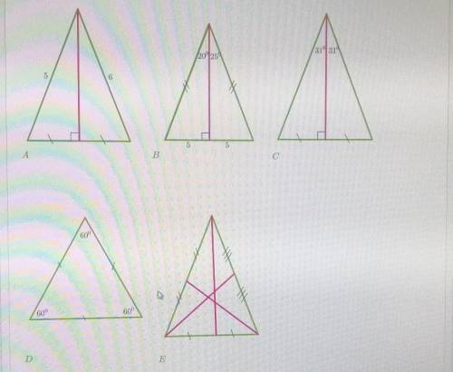 Даны рисунки пяти треугольников, на которых дана некоторая информация об углах и отрезках. На которы