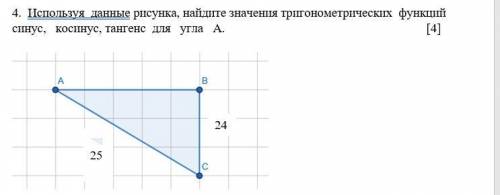 Используя данные рисунка, найдите значения тригонометрических функций синус, косинус, тангенс для уг