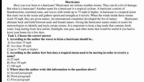 1. According to the author the waves to form a hurricane should be.. A) less than 75 mphB) less than