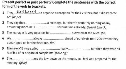 present perfect or past perfect? Complete the sentences with the correct form of the verb in bracket