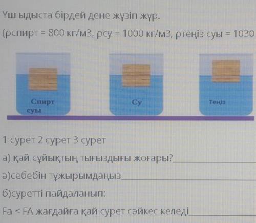 Одно и то же тело плавает в трех сосудах. (спирт = 800 кг / м3, pcy = 1000 кг / м3, морская вода = 1