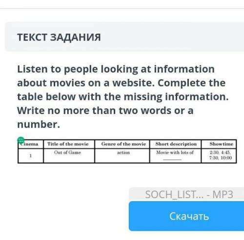 Listen to people looking at information about movies on a website. Complete the table below with the