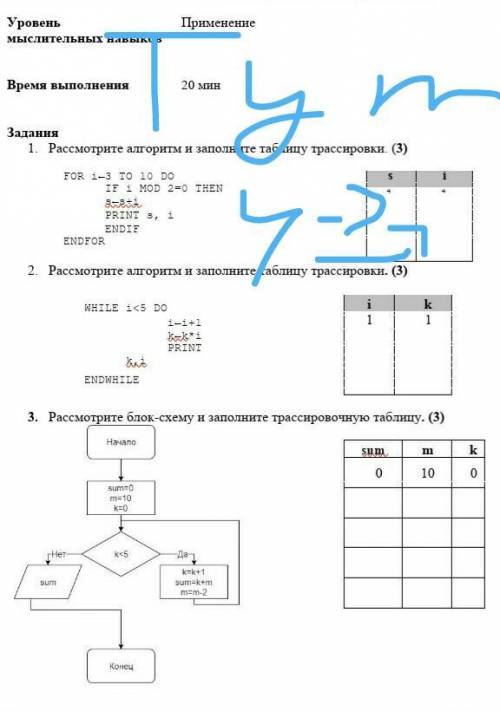 Задания 1. Рассмотрите алгоритм и заполните таблицу трассировки. (3)FOR i←3 TO 10 DO s iIF i MOD 2=0